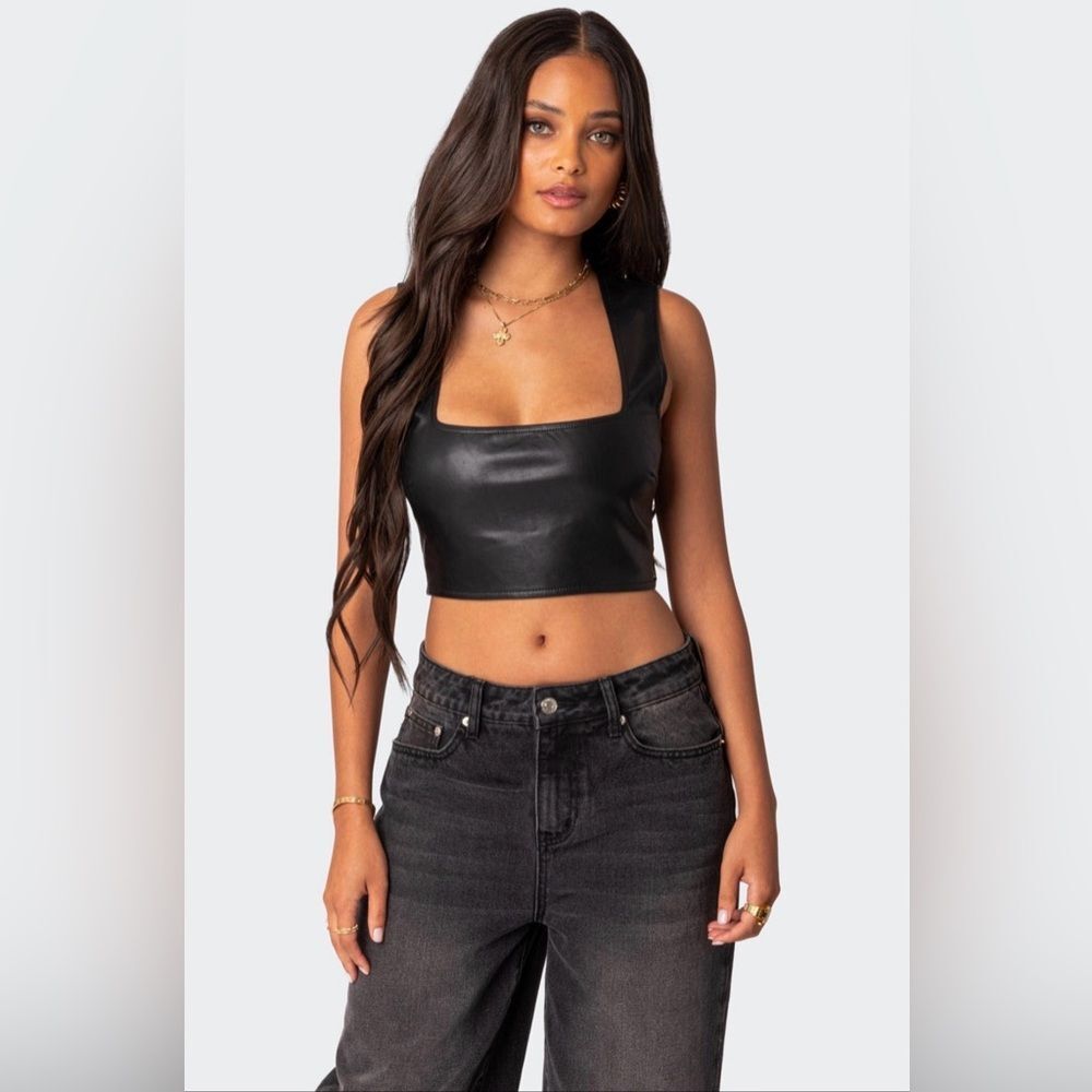 Edikted Crescent Faux Leather Crop Top - Medium